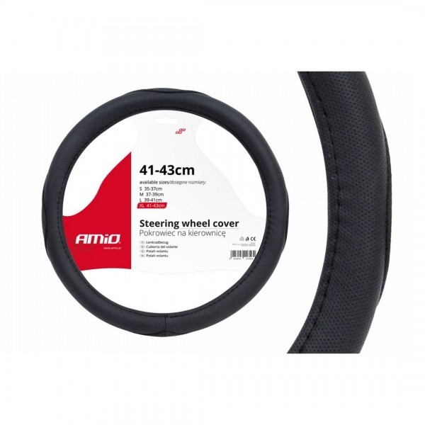 Amio - Κάλυμμα Τιμονιού SWC-09-XL Μαύρο από Τεχνόδερμα Διάμετρος 41/43cm για Προστασία και Άνεση Τιμονιού για Επιβατικά και Επαγγελματικά Αυτοκίνητα - 1 τεμ. (01367/AM)