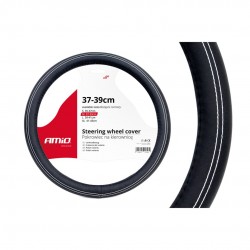 Amio - Κάλυμμα Τιμονιού Τύπου Swc-15-M διάσταση 37-39cm υλικό Δερματίνη χρώμα Μαύρο Με Λευκή Ραφή μέγεθος M για Επιβατικά Αυτοκίνητα - 1 τεμ. (01380/AM)