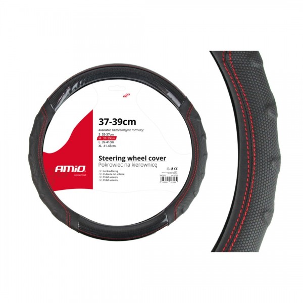 Amio - Κάλυμμα Τιμονιού 37-39cm SWC-21-M Μαύρο με Κόκκινη Ραφή - Σταθερό Κράτημα & Άνεση Οδήγησης - 1 Τεμ (01698/AM)