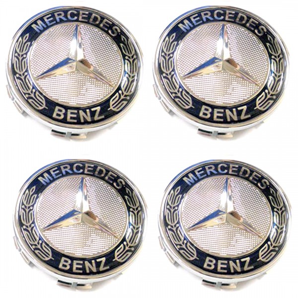 MERCEDES ΤΑΠΕΣ ΚΕΝΤΡΟΥ ΖΑΝΤΑΣ ΜΠΛΕ/ΑΣΗΜΙ ΚΟΥΜΠΩΤΕΣ ΜΕ ΑΝΑΓΛΥΦΟ ΣΗΜΑ (ΕΣΩΤΕΡ. 71mm ΚΑΙΕΞΩΤΕΡ. 75mm) - 4 ΤΕΜ.